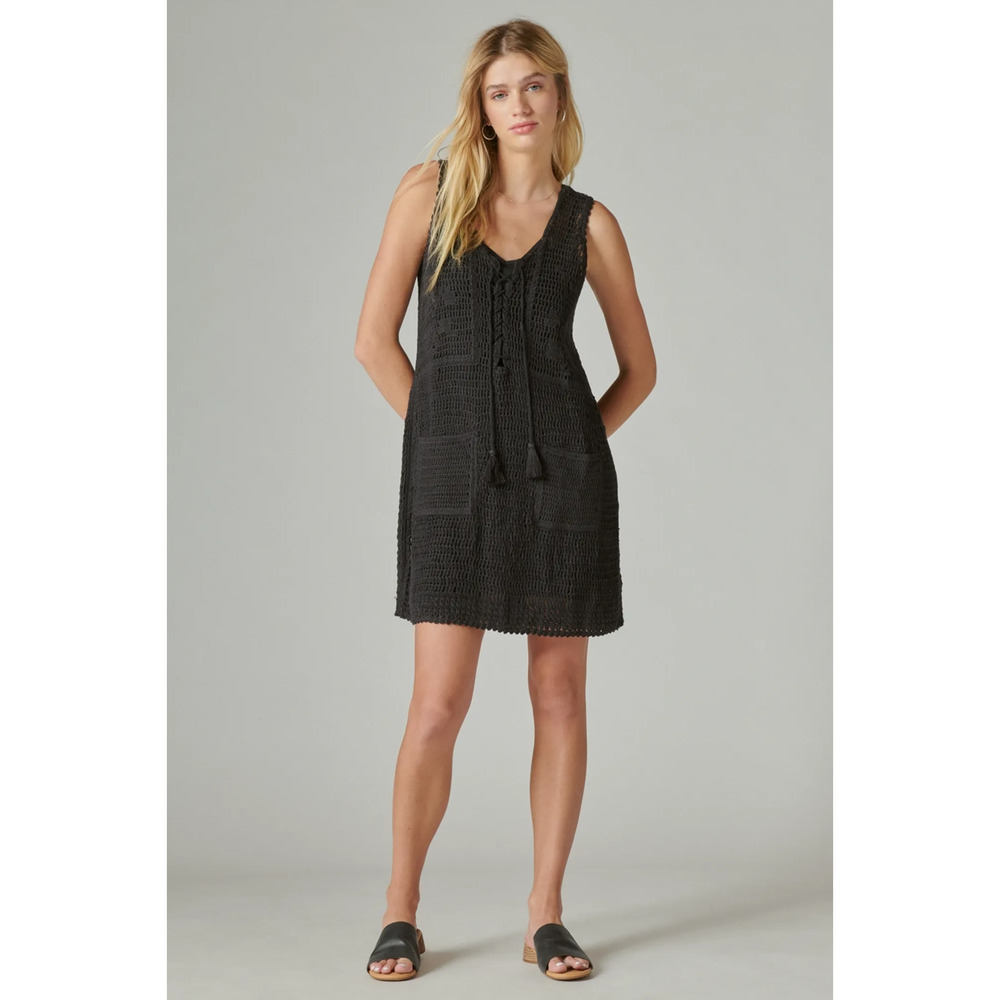 Lucky Brand Crochet Baja Tunic Tank Dress Size Large Tassel Boho Grunge Festival